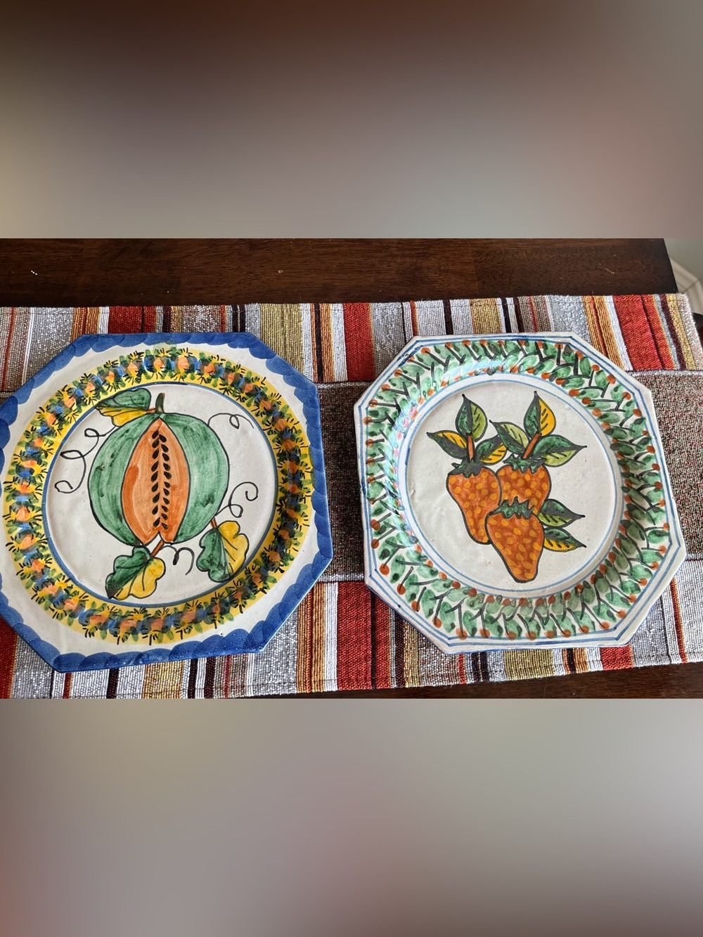 Hand-Painted Octagonal Ceramic Dinner Plates - Set of 2, Blue & Green Accents